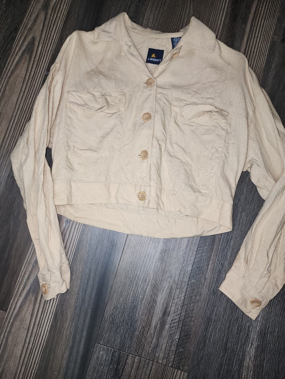Vintage Liz Sport Utility Top Cropped Button Front LS Linen Blend Pockets